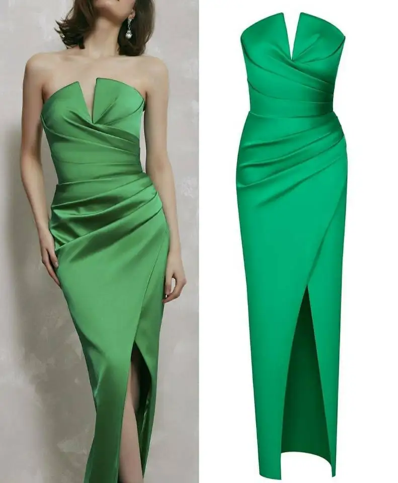 Robe de soirée sirène verte en Satin, personnalisée, col en v, courte, fente latérale, longueur cheville, dos ouvert, robes de soirée formelles pour femmes