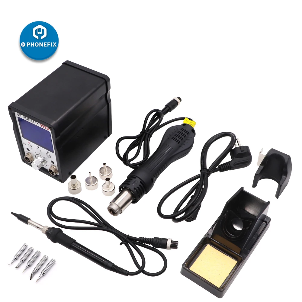 PHONEFIX 2 في 1 999D سمد سبيكة لحام الهواء الساخن الحرارة بندقية محطة إعادة العمل مع 4 فوهات 5 نصائح الحديد الهاتف لحام أدوات إصلاح