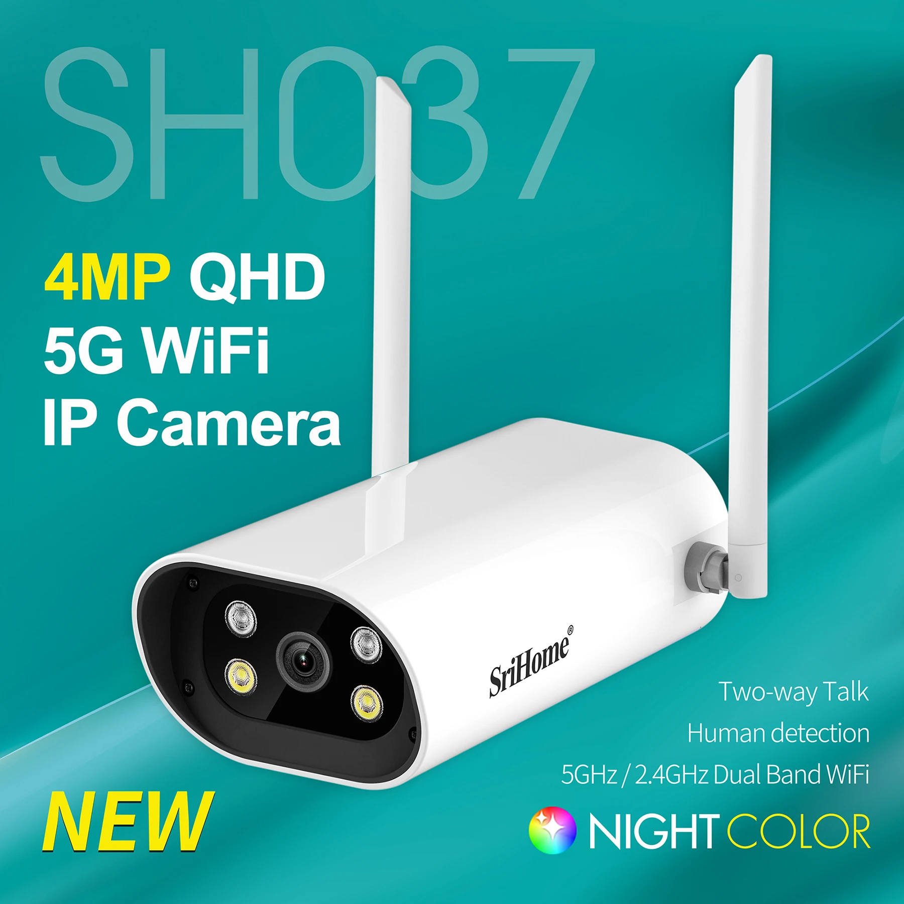 Srihome SH037 WIFI IP Camera 4.0MP 2.4GHz/5GHz Outdoor IP66 Waterproof Color Night Vision 2-Way Audio Human Detection CCTV Cam