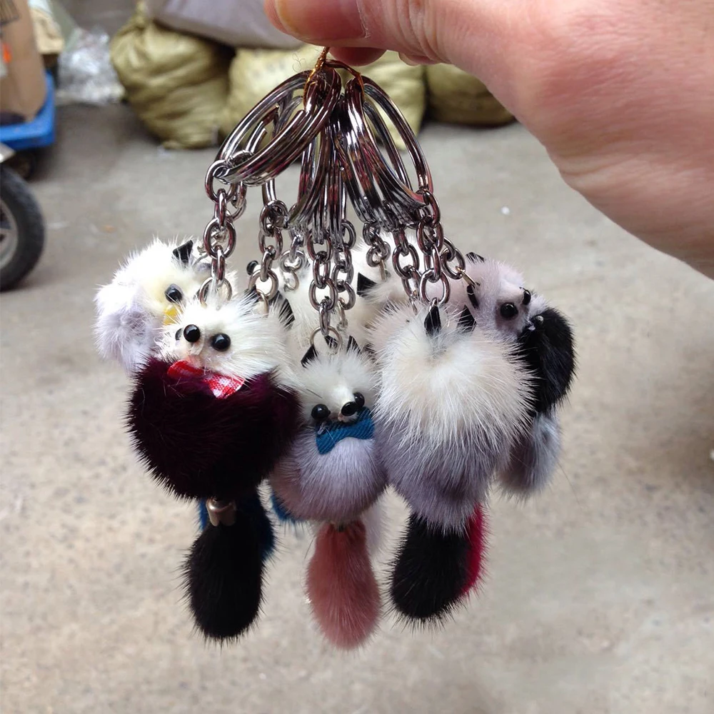 Mink Fur Pom Pom Ball Cute Keychain Charms Fluffy Bow Fox Key Chains Pendant Women Bags Backpack Accessories Car Keyring