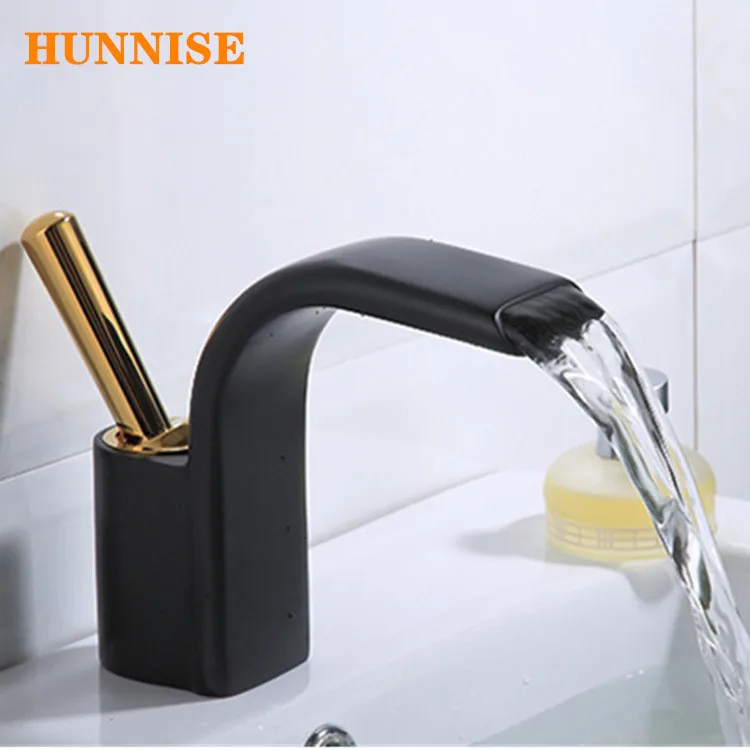 

Black Gold Basin Faucet Deck Mounted Waterfall Bathroom Vessel Sink Mixer Tap Hot and Cold Bathroom Basin Mixer Faucet