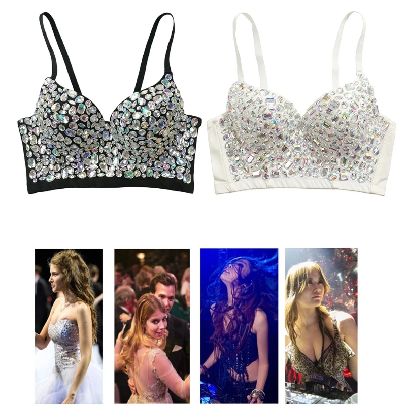 Women Sexy V-Neck Rhinestone Bustier Bra Glitter Colored Diamond Gemstone Push Up Corset Camisole Rave Sling Crop Top