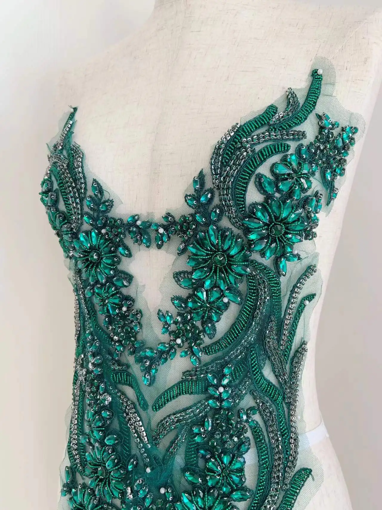 Dark Emerald Green French Bead Applique, Heavy Rhinestone Crystal Bodice Patch for Couture and Dance Costume 15cm*30cm