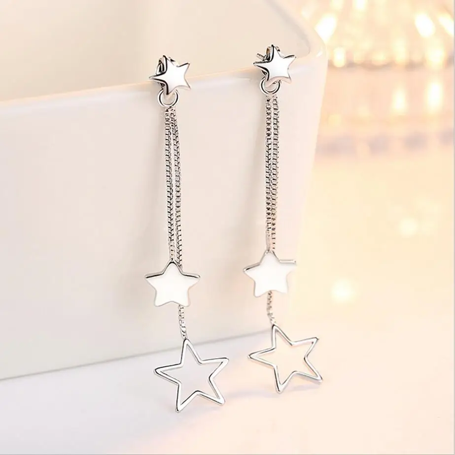 925 Sterling Silver Stud Earrings pendientes 3 Star Tassel Earrings For Women oorbellen boucle d\'oreille femme S-E316