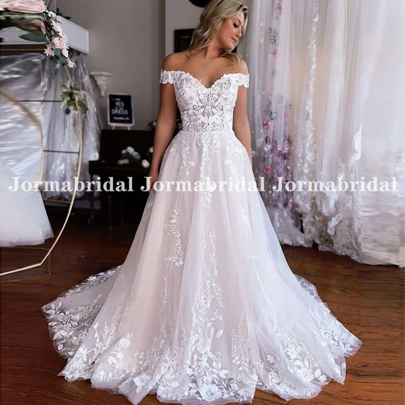 

Off Shoulder A Line Boho Wedding Dresses For Women Charming Illusion Bodice Lace Applique Tulle Beach Bridal Gown Abito Da Sposa