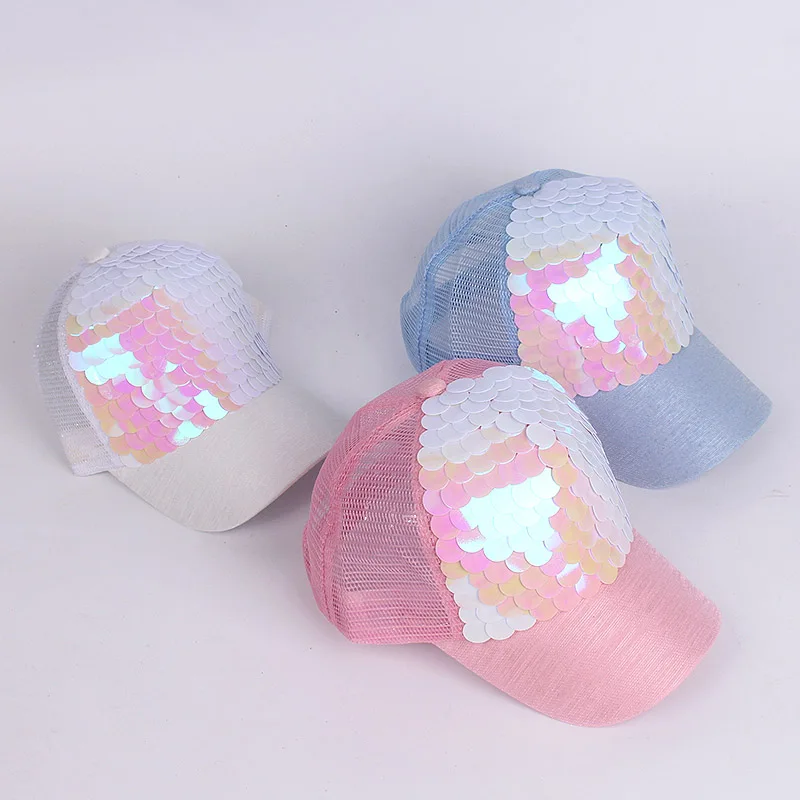 Summer Children Geometric Color Sequin Mesh Baby Baseball Caps Boys And Girls Outdoor Travel  Matching Adjustable 2021