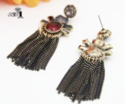 YaYi Jewelry Fashion BOHO Red Glass Crystal Rhinestone Dangle Women Ancient Gold Color Wear Ear Band Long Tassel Earrings