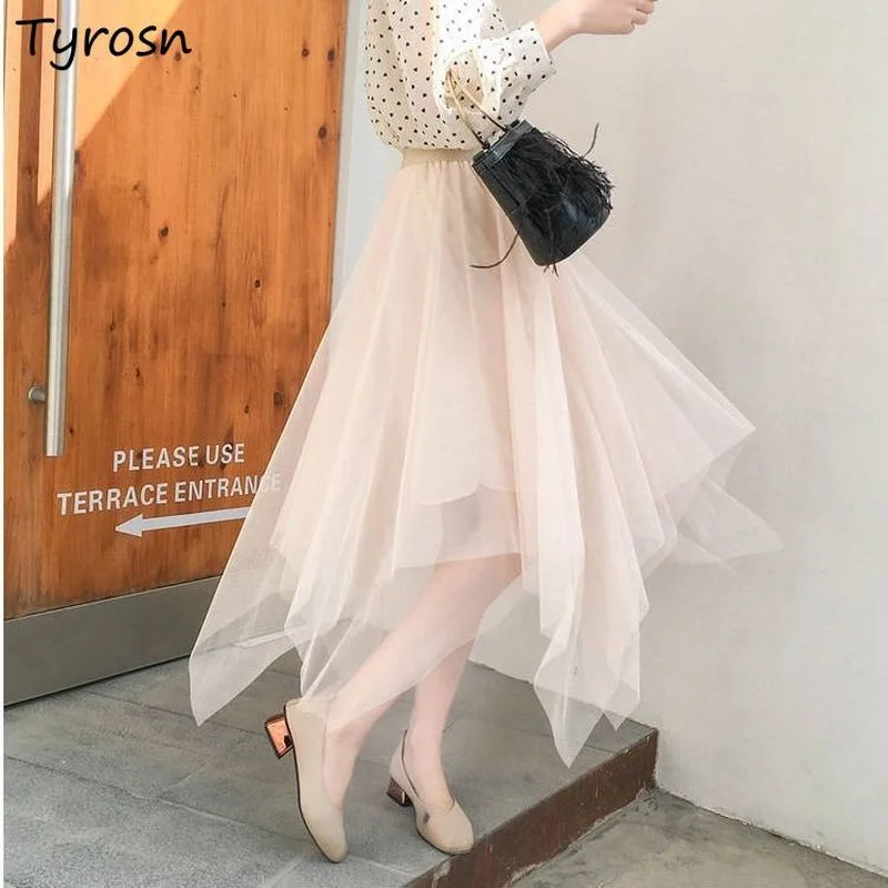 

Skirts Women Mesh Casual Loose Solid Elegant Irregular Designed Pleated Faldas Feminine A-line High Waist Korean Fashion Ulzzang