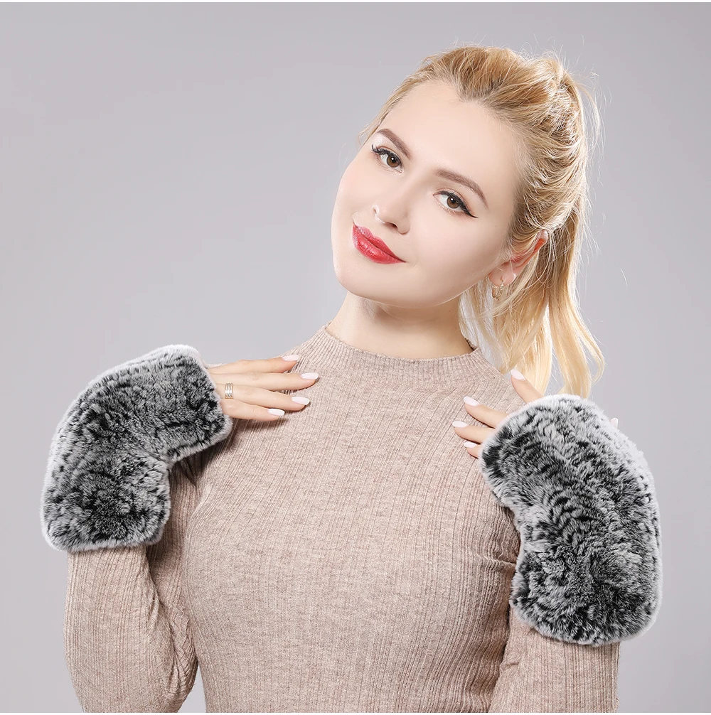 New Women 100% Real Genuine Knitted Rex Rabbit Fur Mittens Winter Warm Lady Real Fur Fingerless Gloves Handmade Knit Fur Mitten