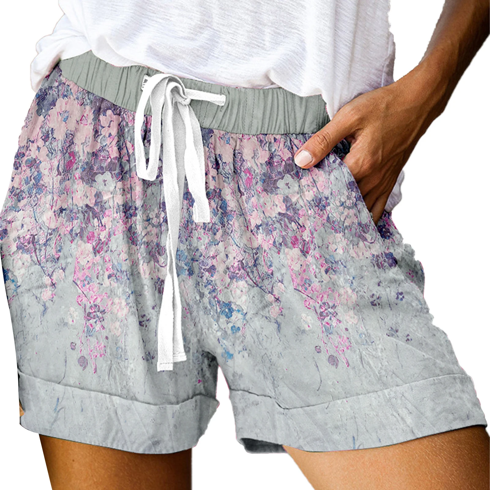 Shorts feminino estampa floral, perna larga verão, folgado, cordão, cor sólida, esportivo, casual, com bolso, cintura alta, roupas femininas