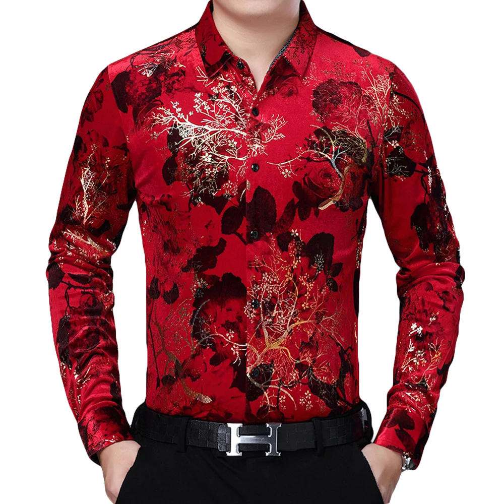 Men's Gold Branches Print Velvet Floal Dress Shirts 2022 Brand Slim Fit Long Sleeve Velour Green Shirt Men Casual Chemise Homme