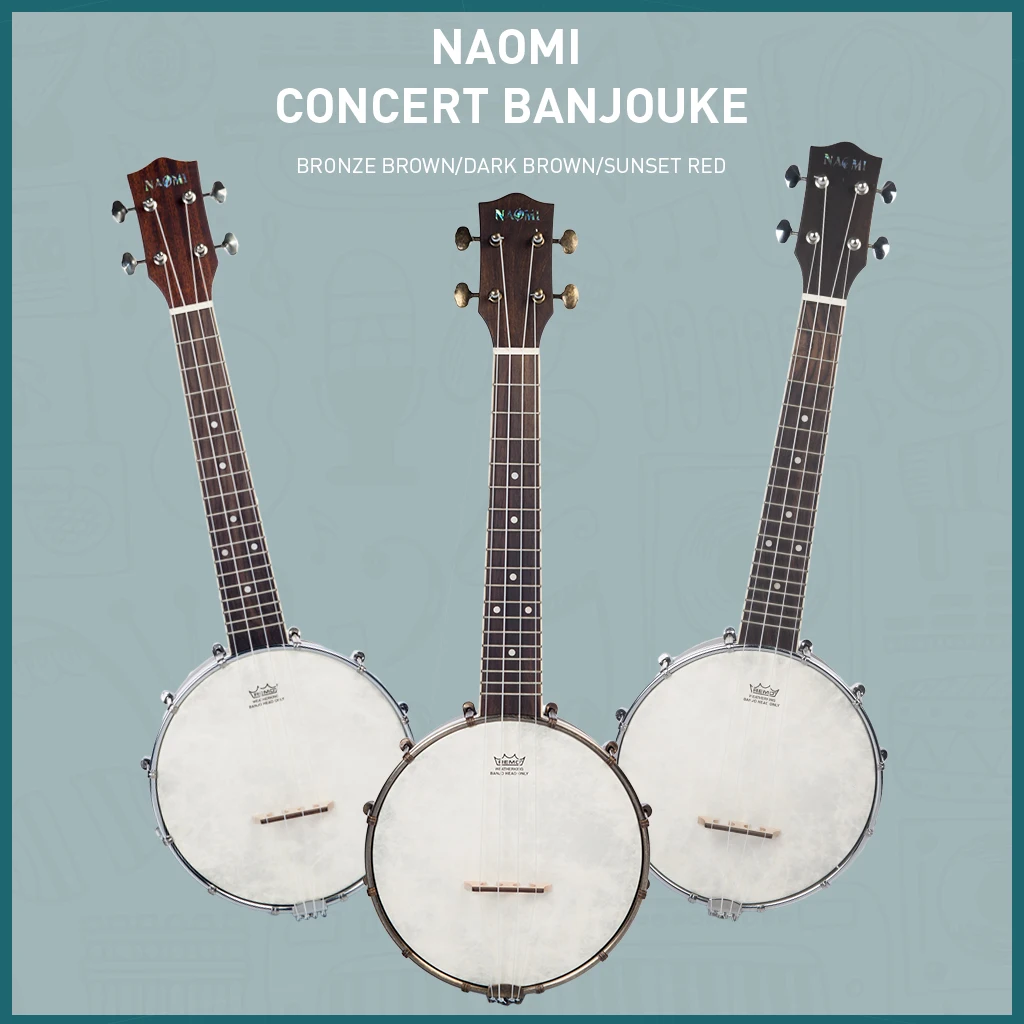 NAOMI 23 Inch Banjo 18 Frets Concert Scale 4 String Banjolele Satin Vintage Mahogany Chrome-Plated Hardware w/Carrying Bag