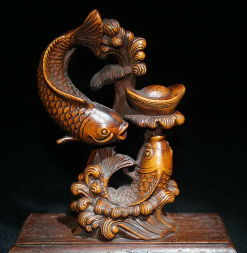 ML006- 15 x 12 CM Stunning Boxwood Figurine Carving: Fish Carps