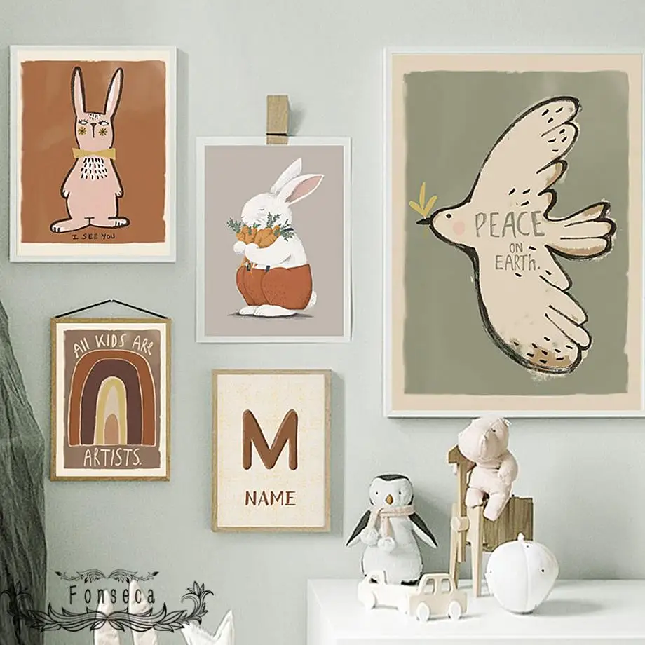 

Nordic Cute Cartoon Dove Rabbit Rainbow Abc Canvas Painting Customized Name Posters and Prints Wall Art Pictures for Kids Room