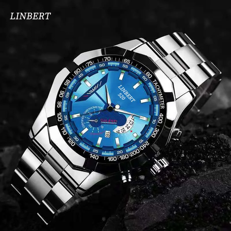 LINBERT 2021 Luxury Men\'s Watch Classic Luminous Stainless Steel Band Clock Chronograph Waterproof Relogio Masculino