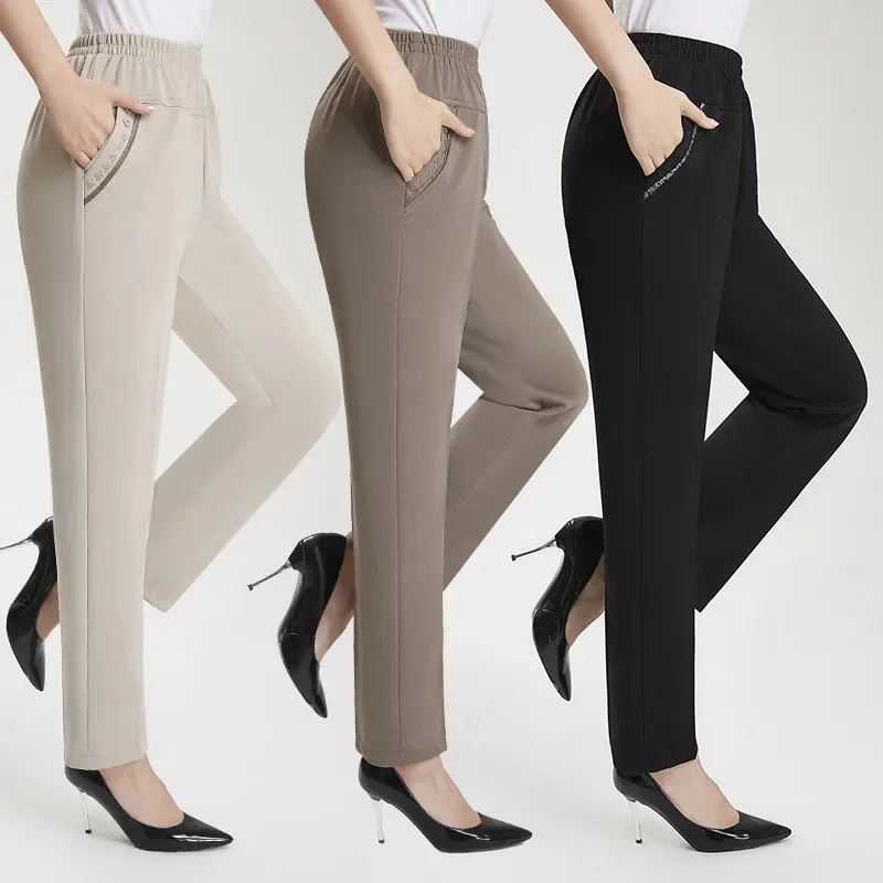 Middle Aged And Old Women Spring Summer Pant Elastic Waist Loose Straight Pants Mother Long Casual Trousers XL-6XL W2325