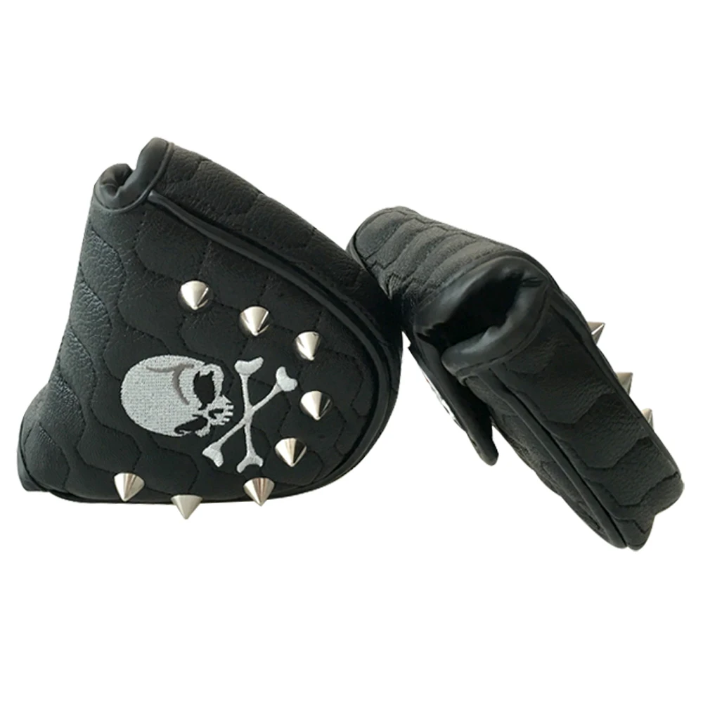 1Pcs Golf Pusher Sleeve PU Leather Golf Putter Cover Universal Magnetic Closure, Rivet, Skull Embroidery