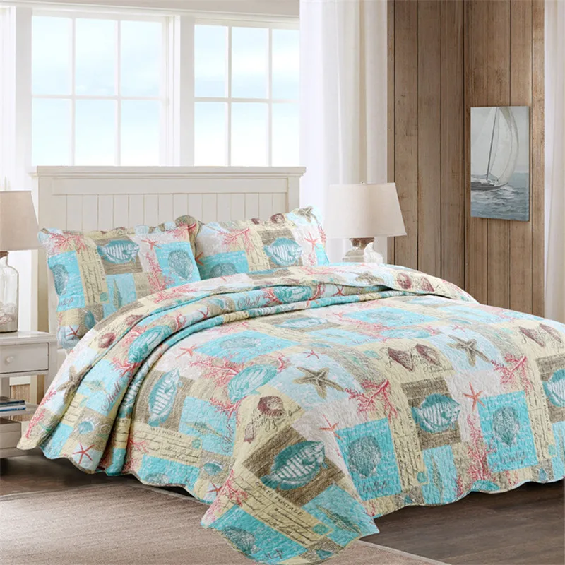 Cotton Quilted Bedspread Set, Home Bedding Set, Ocean Style Quilted Blanket Coverlet, Plaid Bed Cover Colcha, 230x250cm, 3Pcs