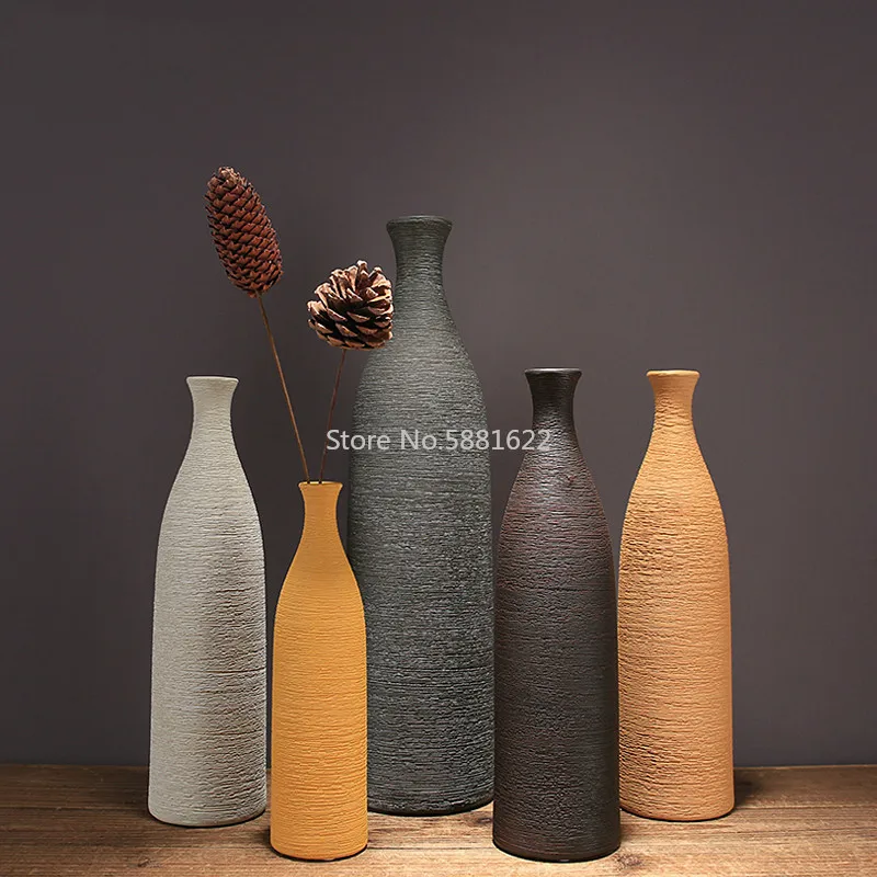 

1Pcs Classic Line Ceramic Vase Bottom Non-slip Brown Small Mouth Vase Restaurant Home Countertop Floral Art Decoration Ornaments