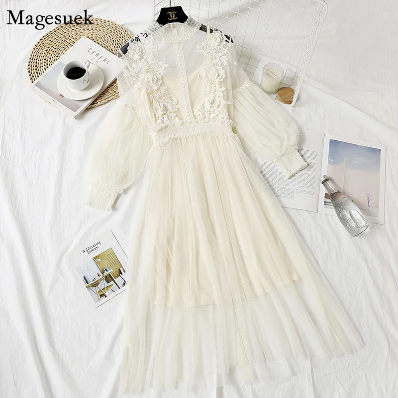 New Lace Flower Mesh Women Dress Summer Lantern Sleeve White Long Dresses For Women Party Vintage Woman Dress 2 Piece Sets 12041