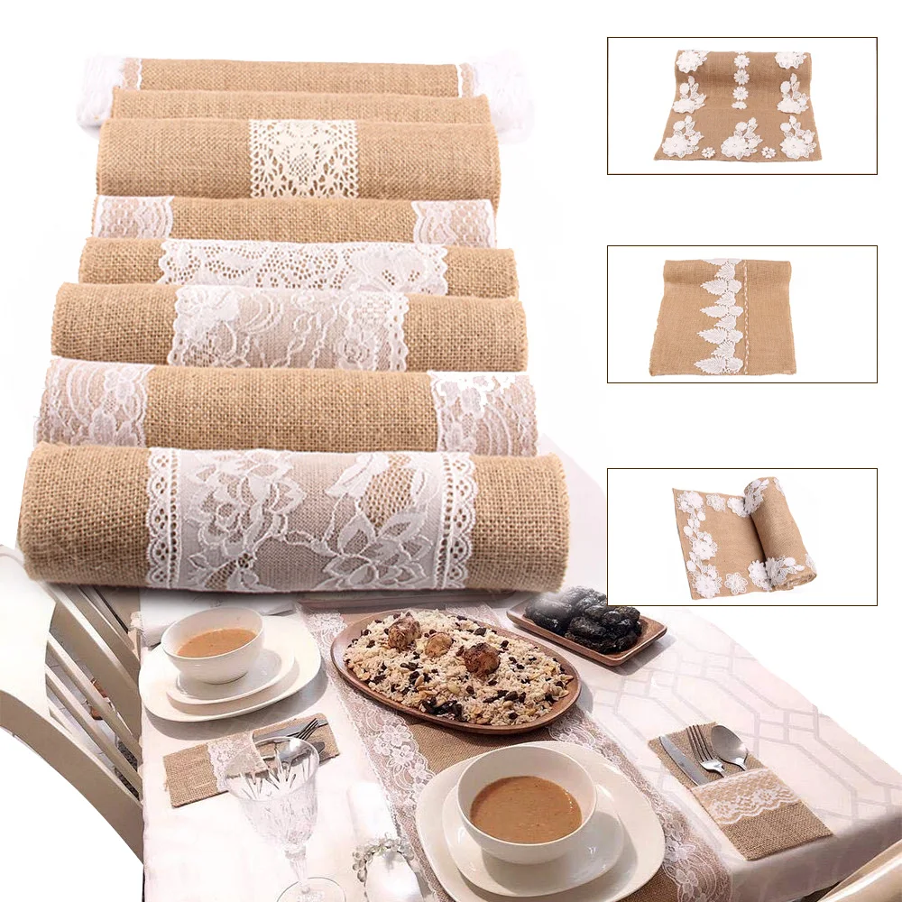 

Vintage Lace Burlap Table Runner Natural Hessian Jute Linen Country Party Table Cover Wedding Banquet Home Decoration