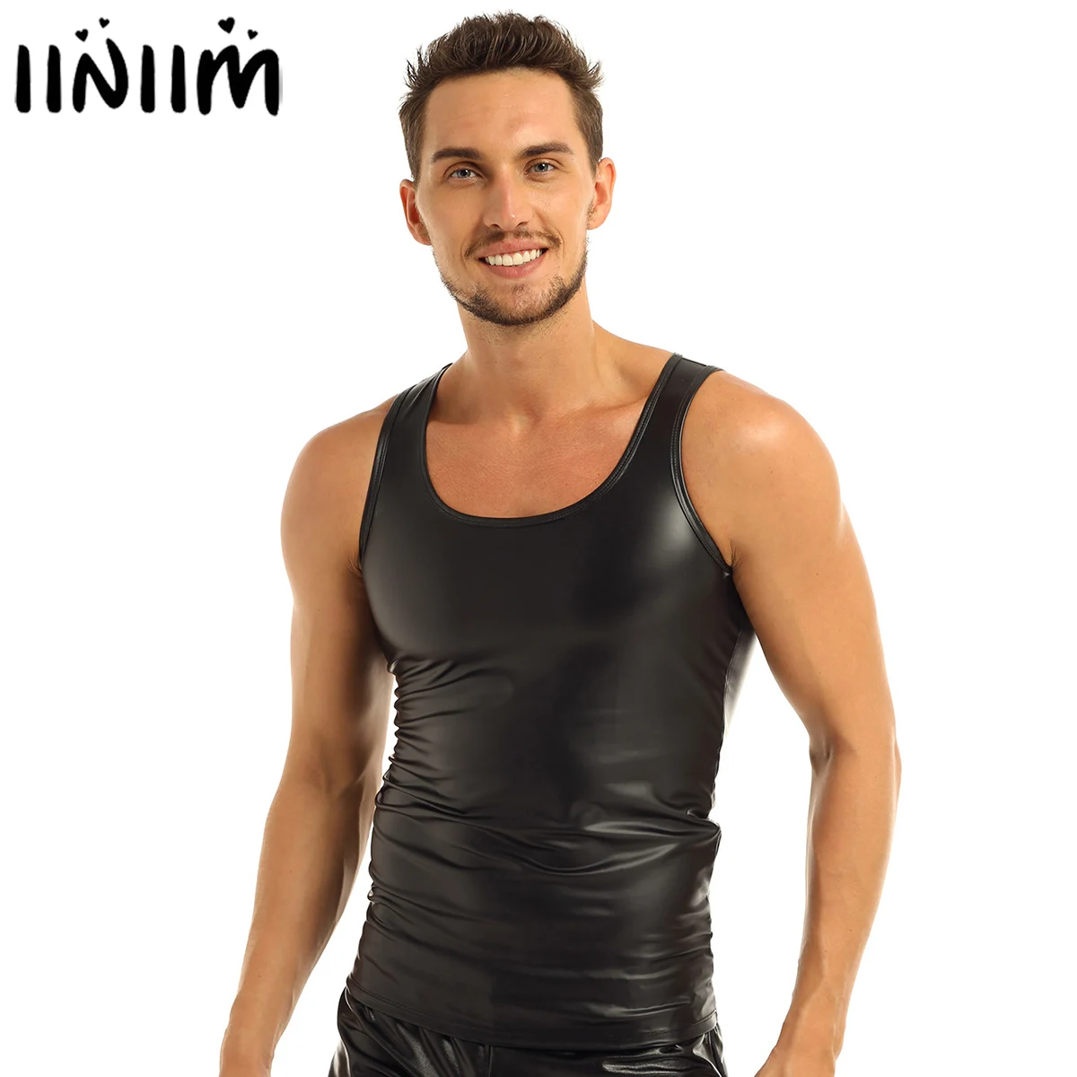 iiniim Mens Moto Lingerie Tops for Evening Party Men\'s Clothing Leather Sleeveless Vest Tank Top Clubwear Undershirt Waistcoat