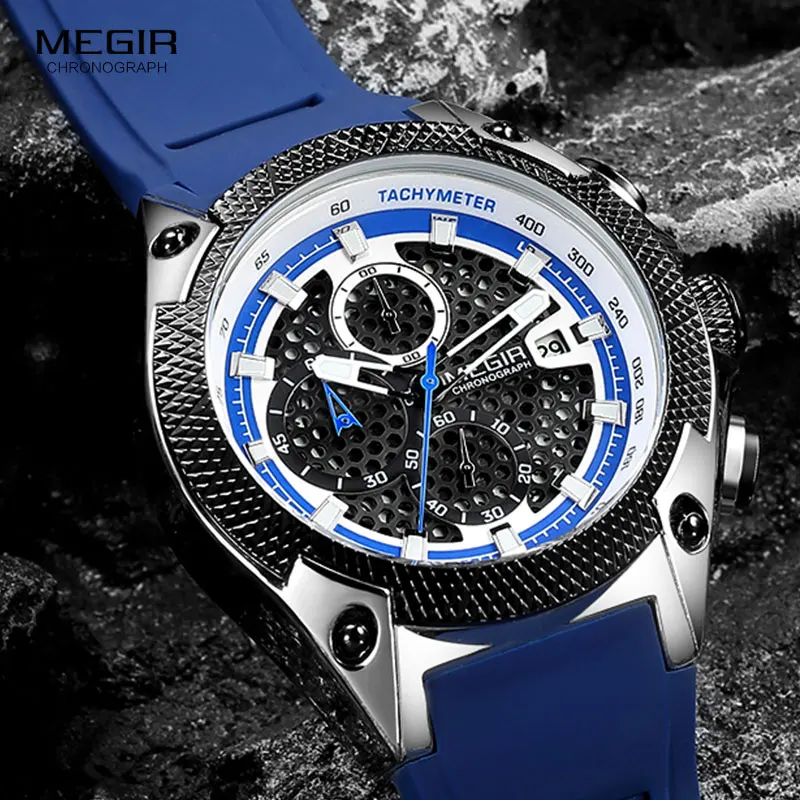 

MEGIR Luxury Watches Men Blue Silicone Strap Quartz Wristwatch Man Top Brand Military Chronograph Watch Relogios Masculino 2127