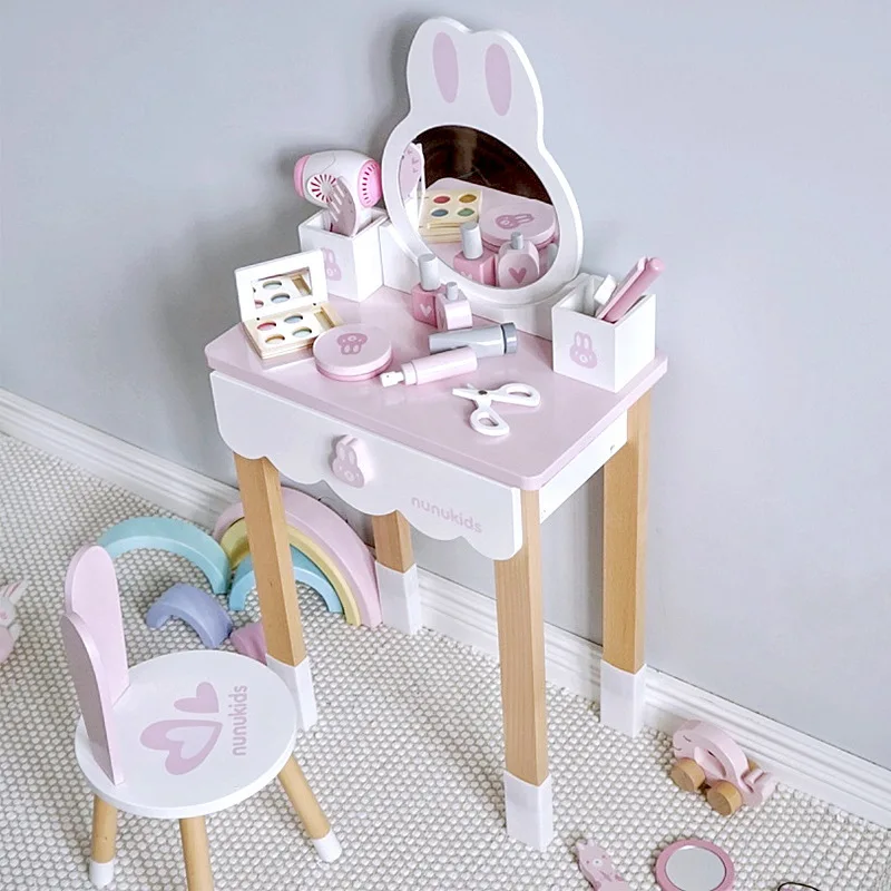 Nunukids Children Wooden Simulation Dressing Table  Princess Pretend Play Makeup Barber Game Toy Girl Play House Gift For Kids