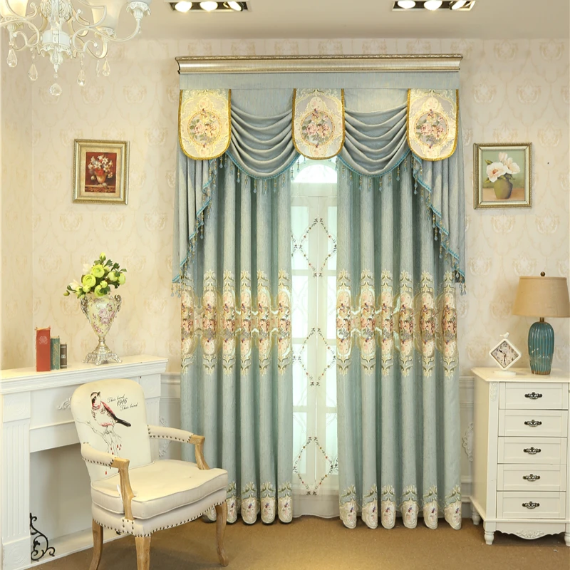 

Luxury American Villa Blue Embroidered Curtains for Bedroom Window with High Quality Voile Curtain for Living Room Hotel Kitchen