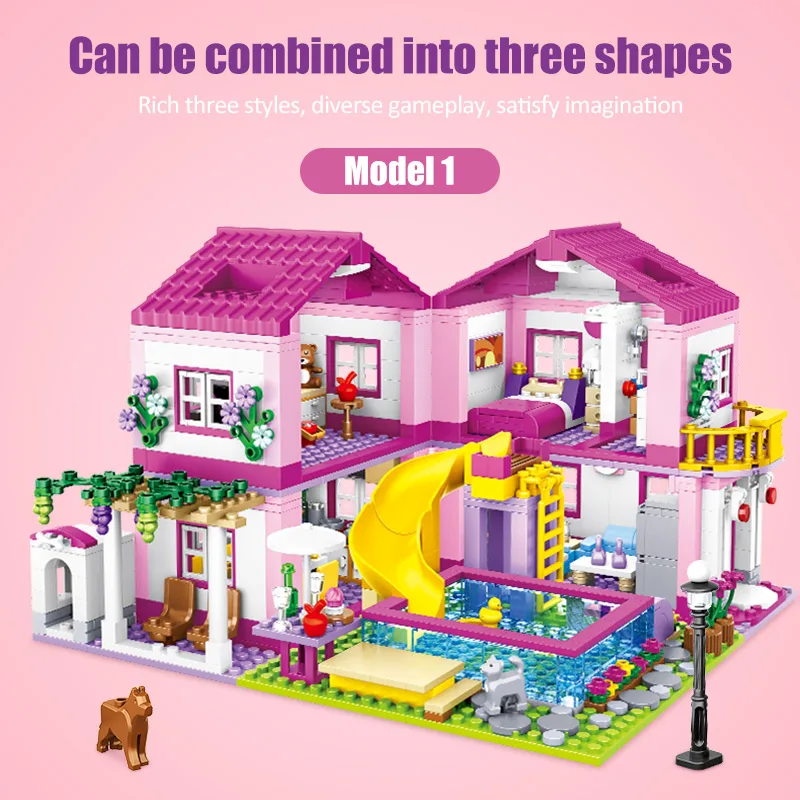 1018pcs City 1 Change 3 Summer Double-storey Villa Building Blocks Friends DIY Graden House Figures Bricks Toys For Girls Gift