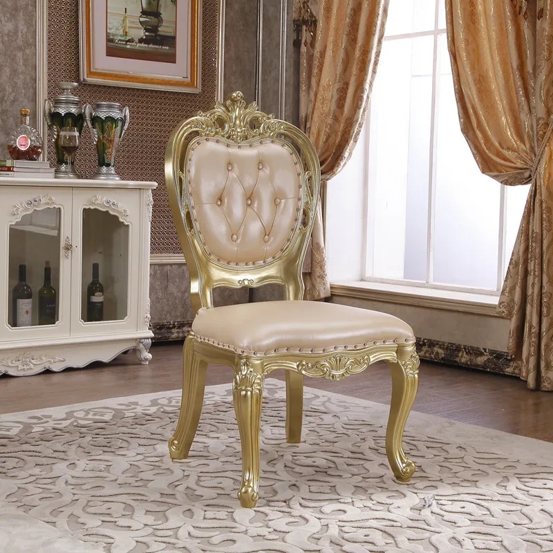 

European Leather Dining Chair Solid Wood Golden Dining Chair Double-sided Carving, Villa Hotel Leisure Backrest Master Chair