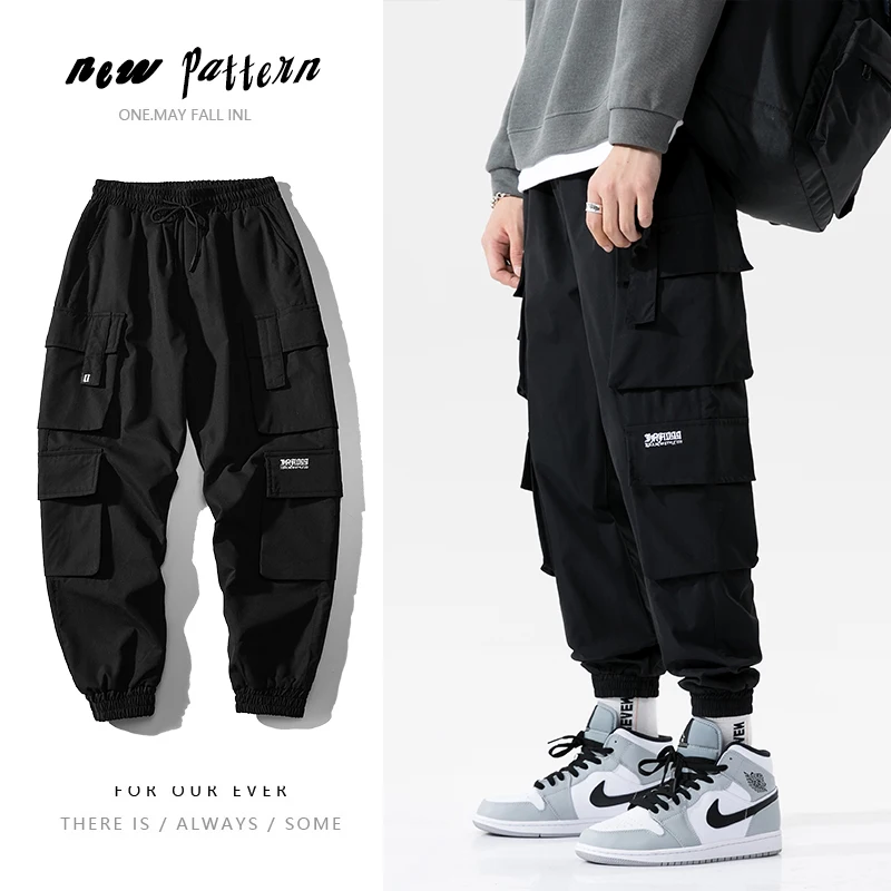 Calça de harem preto masculina, calça cargo, hip-hop, bolsos casuais, moletom extragrande, calça masculina na moda, streetwear, 2024