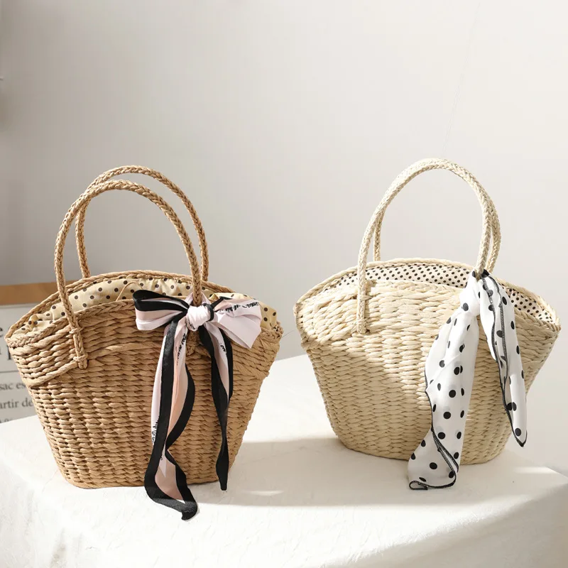 

New Style Straw Bag Women Fashion Silk Scarf Summer Straw Bag Woven Bag Portable Seaside Holiday Handbag Bag