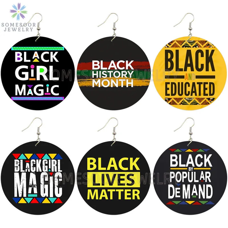 SOMESOOR African Black Girl Magic Wooden Drop Earrings Afro Popular Demand Power Words Photos Wood Jewelry For Women Gifts