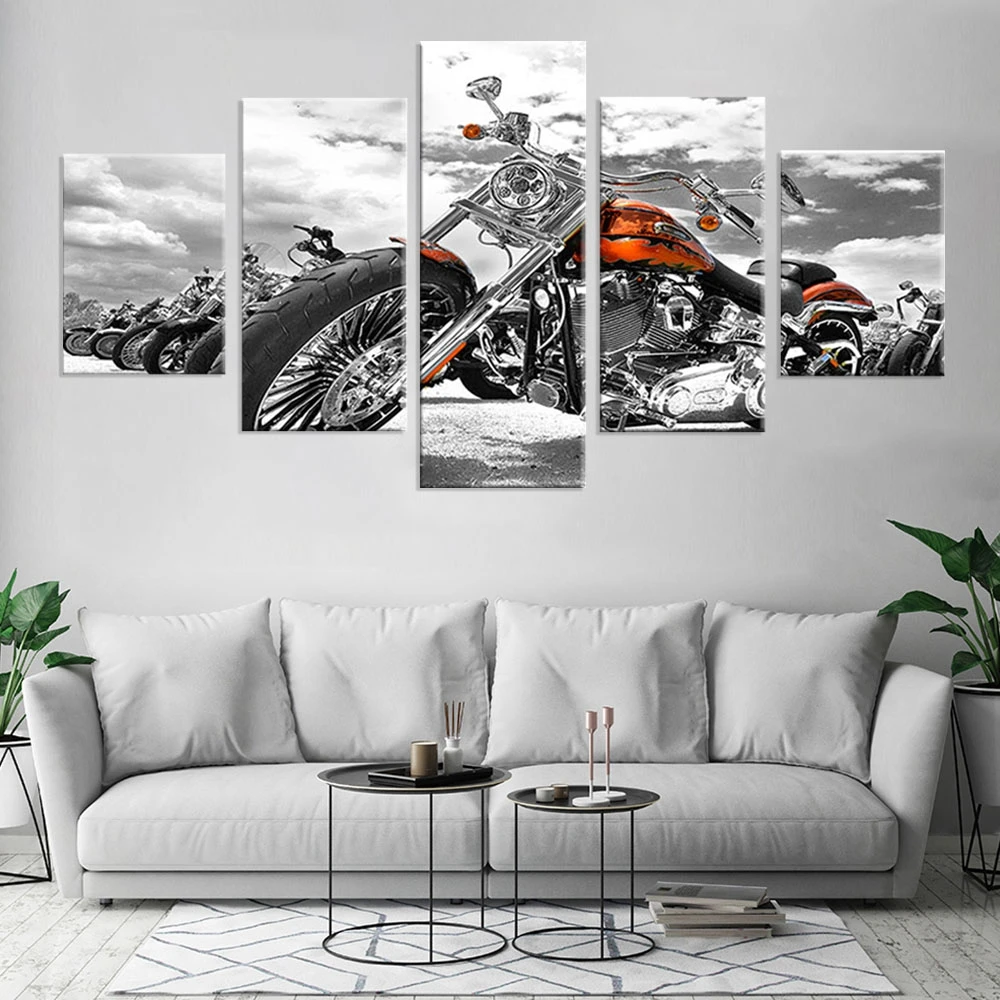 

Motorcycle Black And White Poster Painting 5 Pieces Canvas Art Home Decor Living Room Wall Picture Framework Mural Bedroom