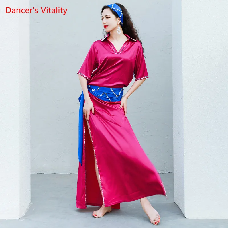 Robe de danse du ventre en satin à demi-manches pour femmes, vêtements de performance féminins, jupe longue élégante, vêtements d'entraînement de compétition