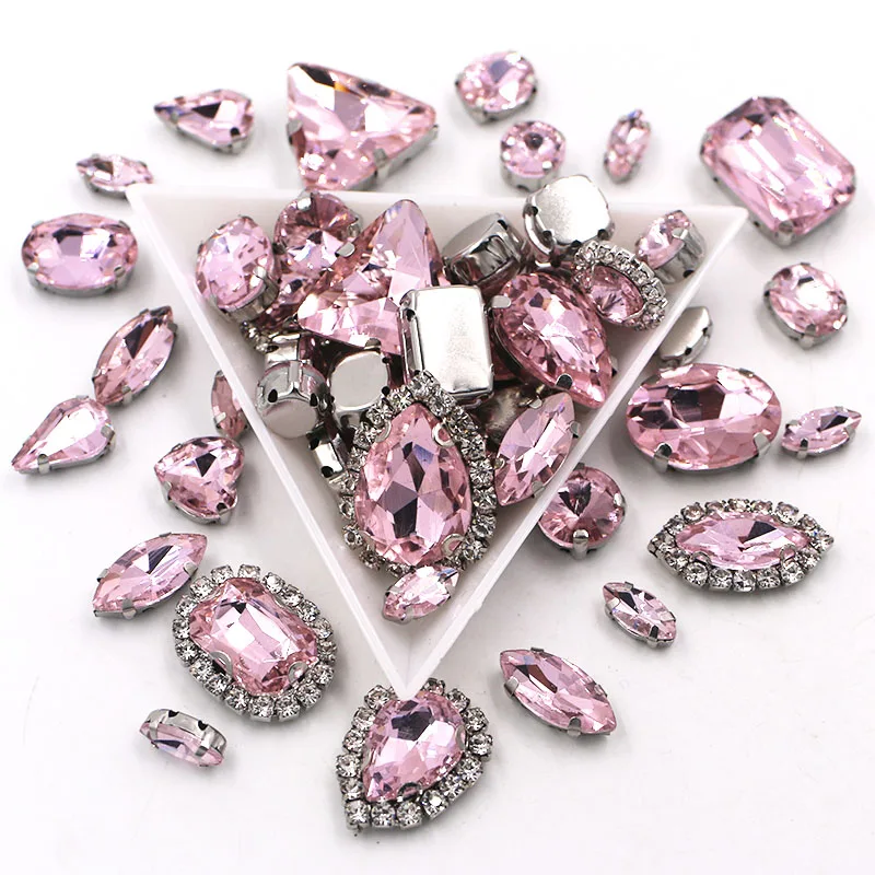 50pcs/Bag Pink Mixed Shape Sew on Glass Rhinestone Silver Claw and Crystal Buckle Diy Wedding Decoration Clothes/Shoe/Dress