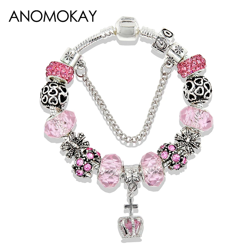 Anomokay Classic Royal Crown Crystal Charm Bracelet & Bangle DIY Heart Bead Bracelet Jewelry Gift for Women Girl Pulseira