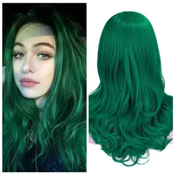 Peruca longa ondulada da parte média sintética para mulheres, cabelo falso natural sem cola, resistente ao calor, verde, diário, festa, cosplay