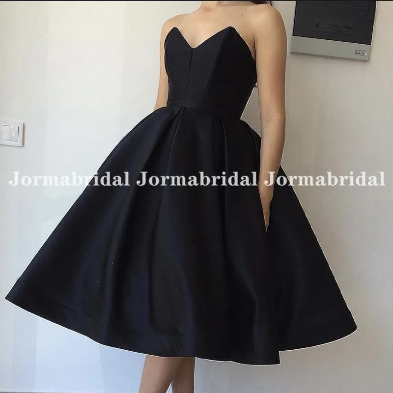 Black Short Homecoming Dresses Sweetheart Ball Gown Simply Tea Length Satin Prom Dress Robes De Cocktail Party Gowns