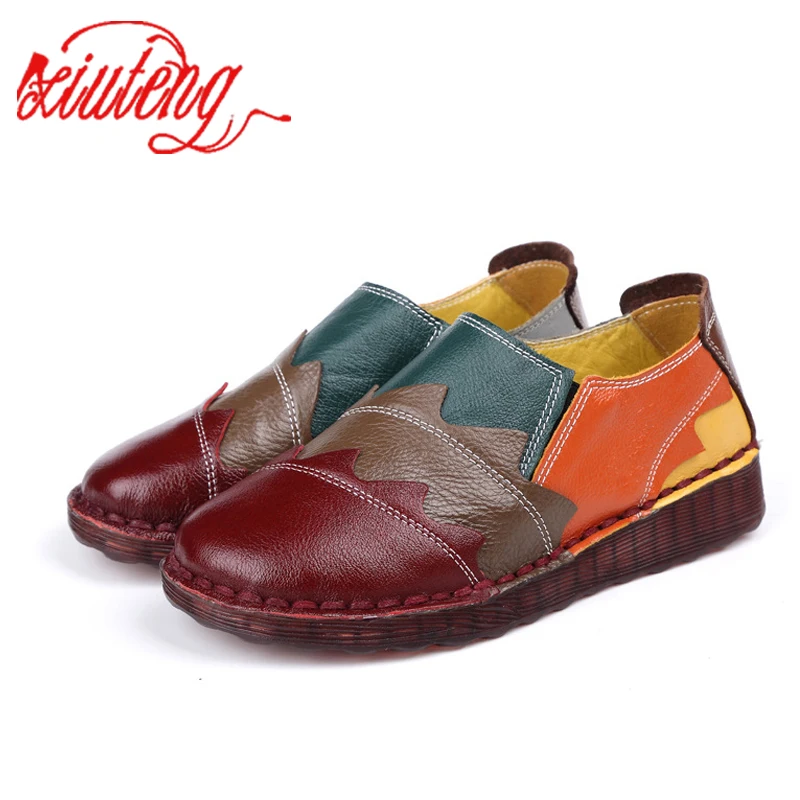 Xiuteng 2022 Flat casual shoes large size leather Women\'s shoes Retro color matching flats Handmade shoes obuv zapatos mujer