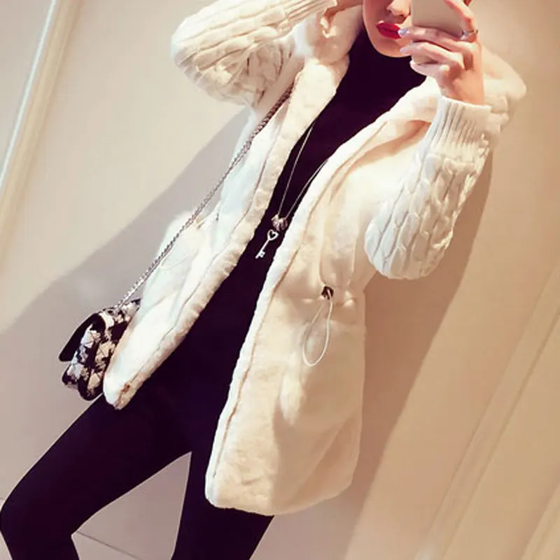 Abrigos de piel sintética con capucha para mujer, Chaqueta de punto gruesa y cálida de lujo, prendas de vestir clásicas con retales, talla grande,