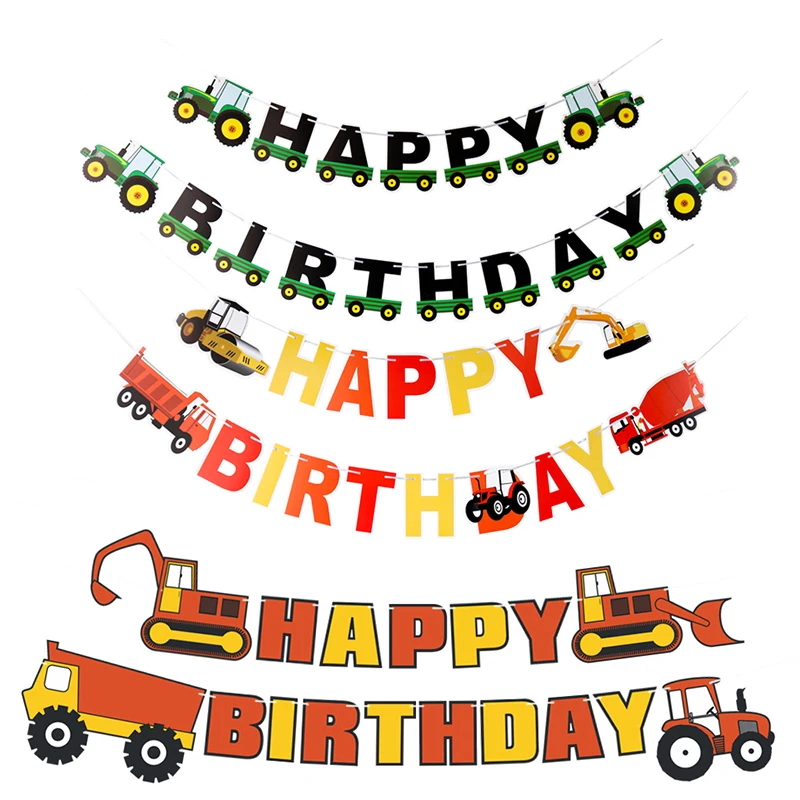 Banner di buon compleanno Farm tema trattore Cupcake Toppers veicolo da costruzione ghirlanda festa di compleanno decorazione Banner per feste