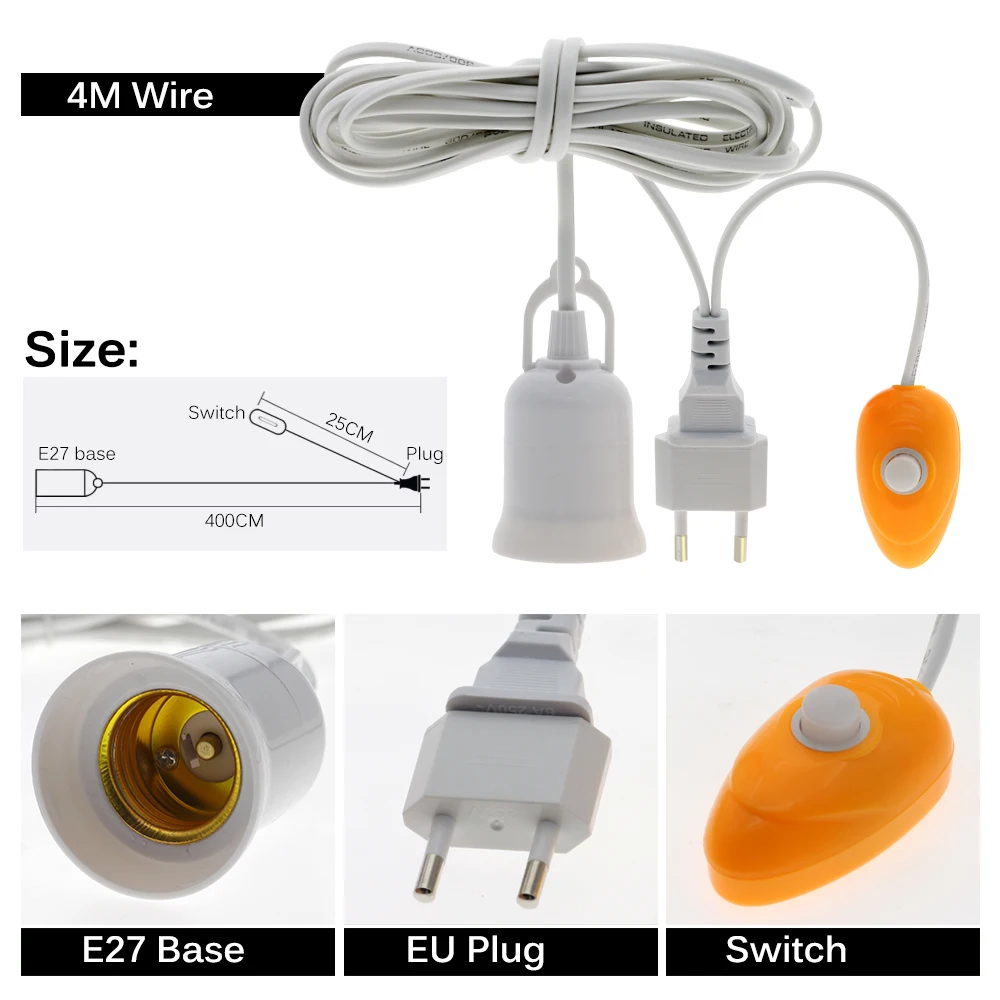 E27 Lamp Bases With 4M 8M Power Cord Independent Push Button Switch EU Plug E27 Screw Interface Lamp Holder