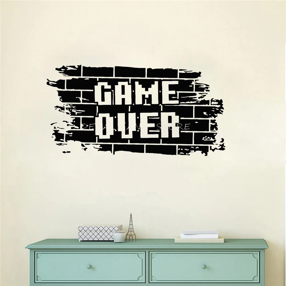 Game Over Wall Decal Bricks Gaming Teens Boys Bedroom Play Room Video Games Home Decor Door Window Vinyl Stickers Mural