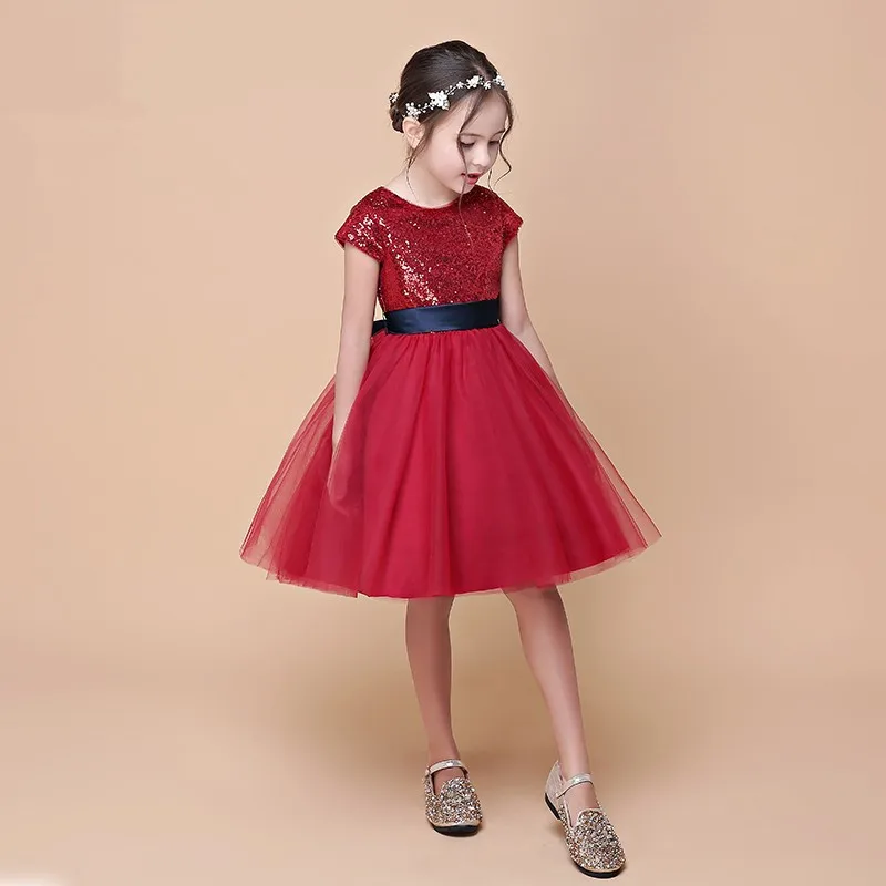 Red Tulle Girl Bridesmaid Dresses Sequin Lace Baby Flower Girl Kids Party Wedding Princess Gown for Communion Christening