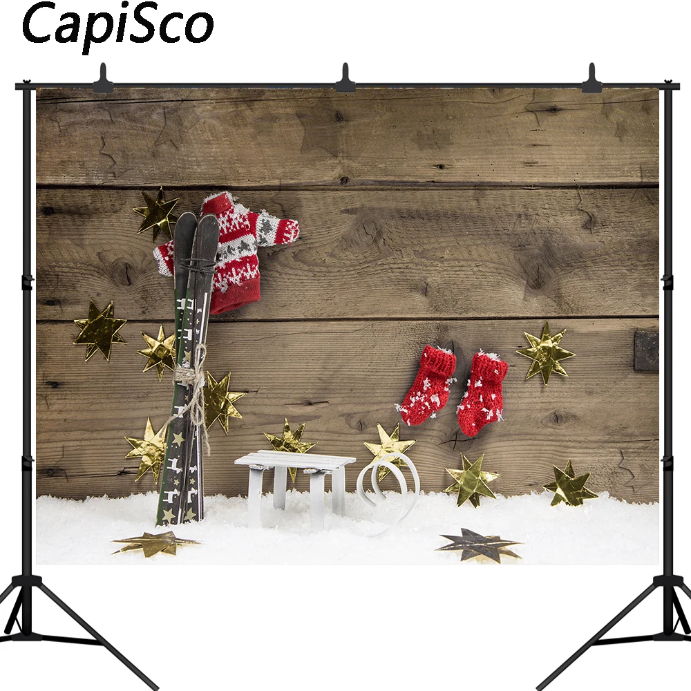 Capisco Christmas Backdrop Snow Wood Board Clothes Star Sled Newborn Baby Birthday Party Photography Background For Photo Studio