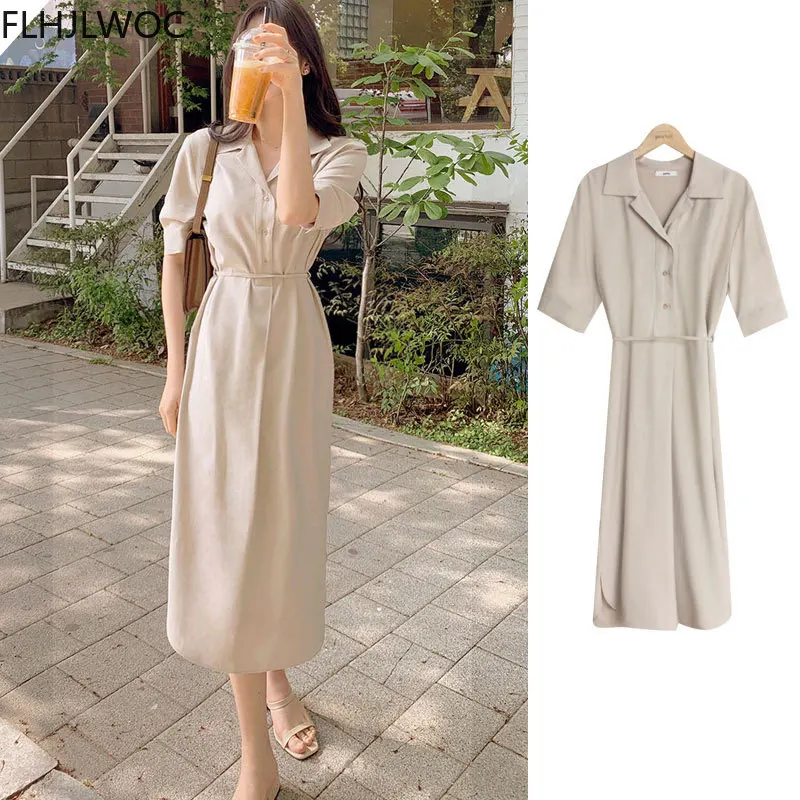 

2021 Summer Fenimine Vestidos Women Summer Short Sleeve Elegant Casual Cotton V Neck Retro Vintage South Korea Chic Midi Dress