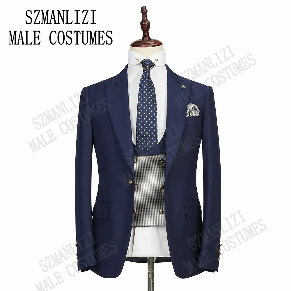 

2020 New Design Navy Blue Blazer Formal Men suits Peaked Lapel Wedding Party Costume Slim Fit Suits Tuxedo Prom Suit For Wedding