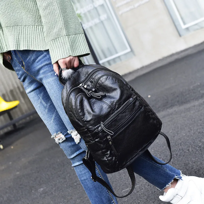 NIGEDU Soft PU Leather Women Backpack Large Capacity Ladies Backpack Black Casual School Book Bag Travel Bag Daypack Mochila